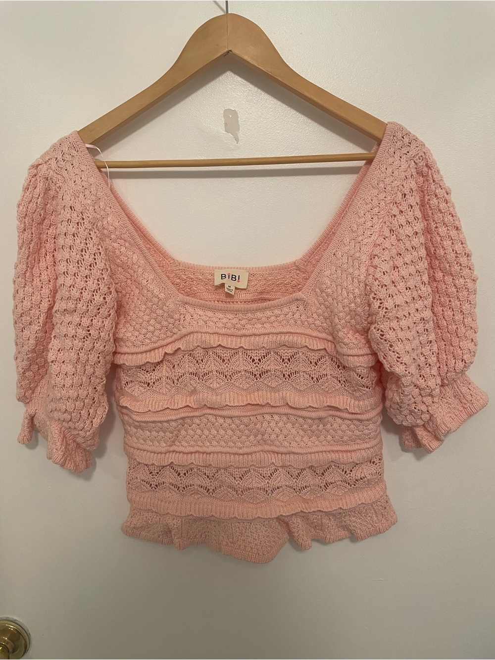 BiBi Blush Pink Knit Puff Sleeve Cropped Top